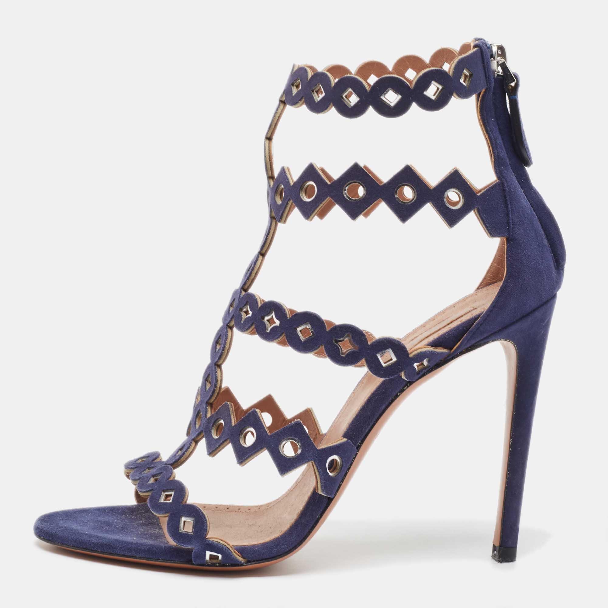 Alaia navy blue laser cut suede t-bar ankle strap sandals size 37
