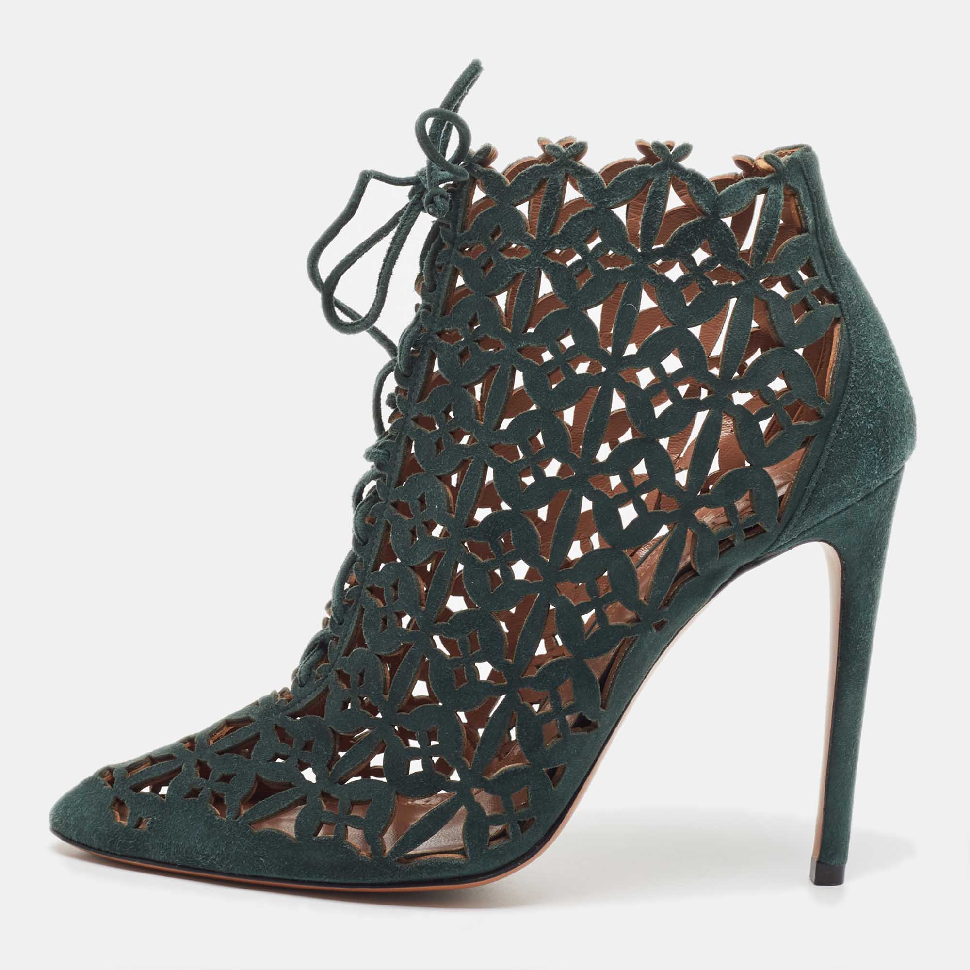Alaia Green Laser Cut Suede Lace Up Ankle Booties Size 39
