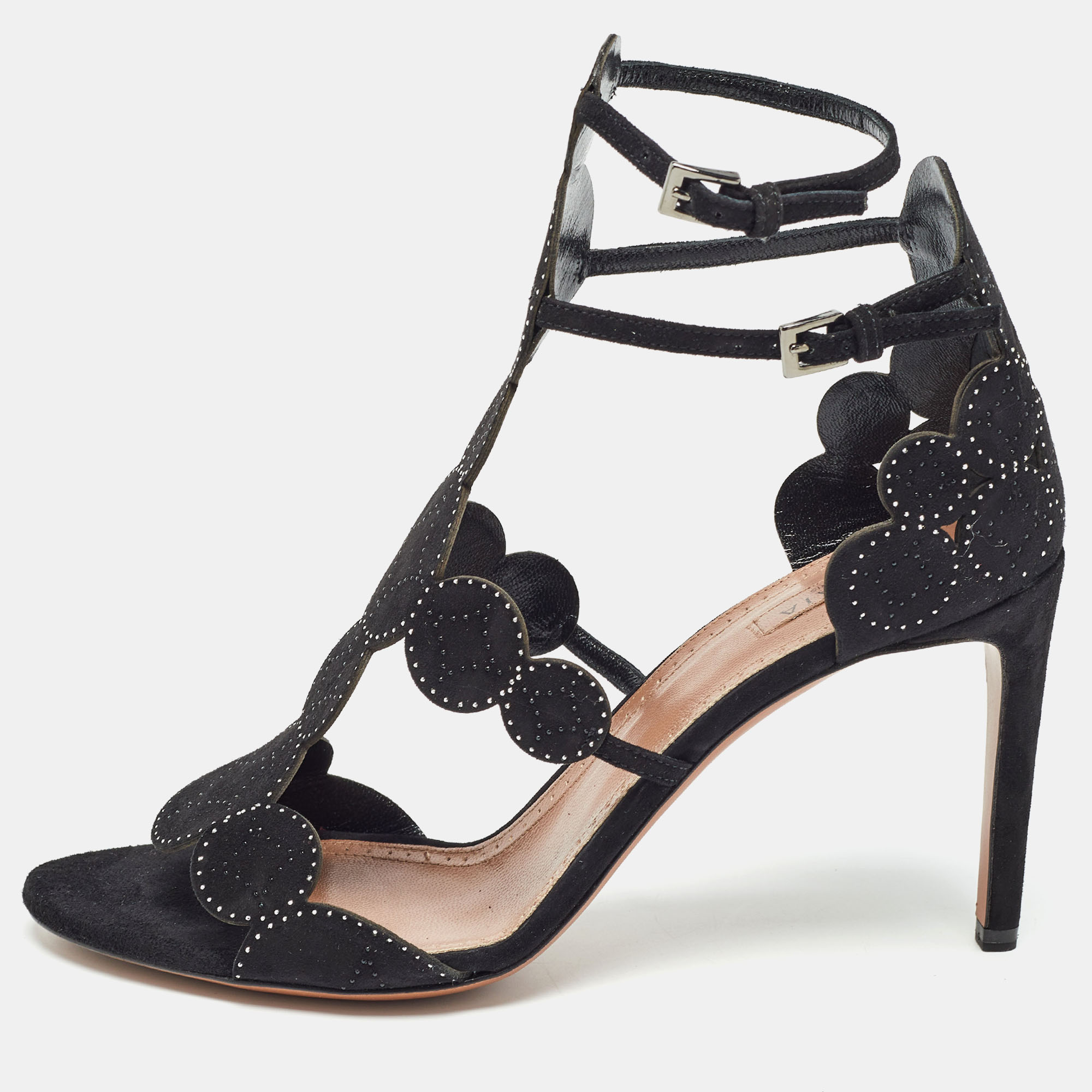 Alaia black suede crystal embellished ankle strap sandals size 38.5