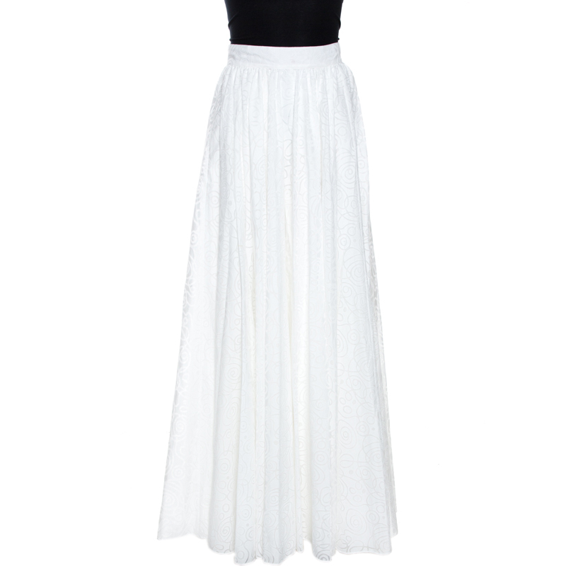 Image of Alaia White Cotton Jacquard Flared Maxi Skirt M