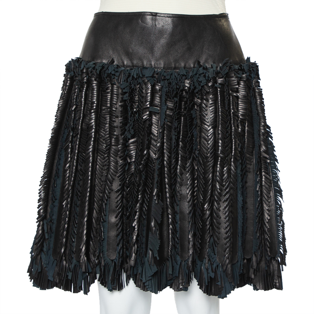 Alaia Black Leather Fringed Detail Mini Skirt M
