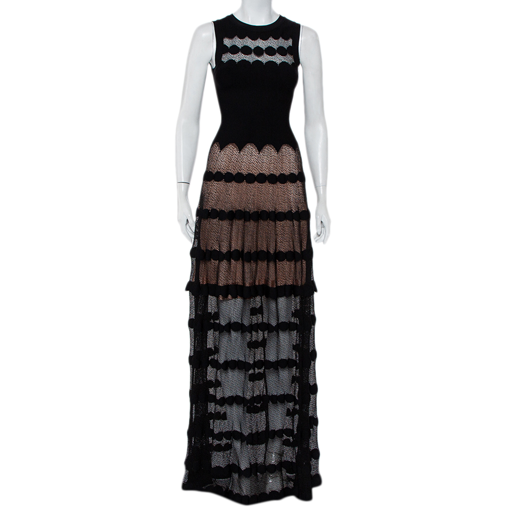 Alaia black perforated knit sleeveless maxi dress s