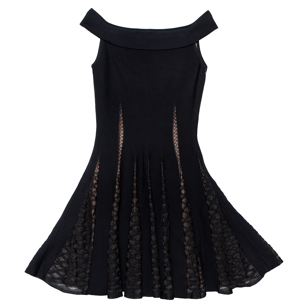 Alaia Black Knit & Lace Paneled Off-Shoulder Mini Dress M