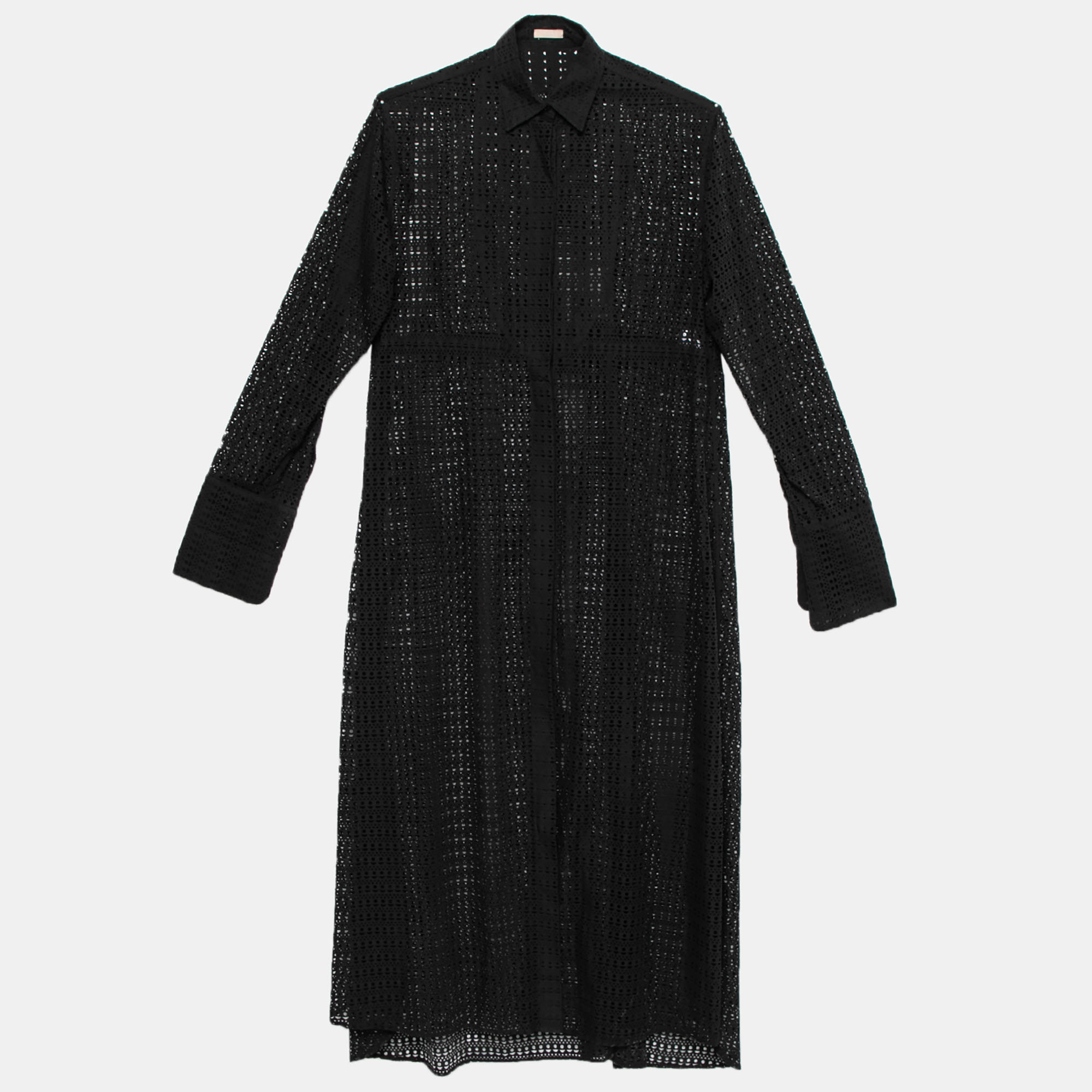 Alaia Black Patterned Laser Cut Cotton Shirt Dress M