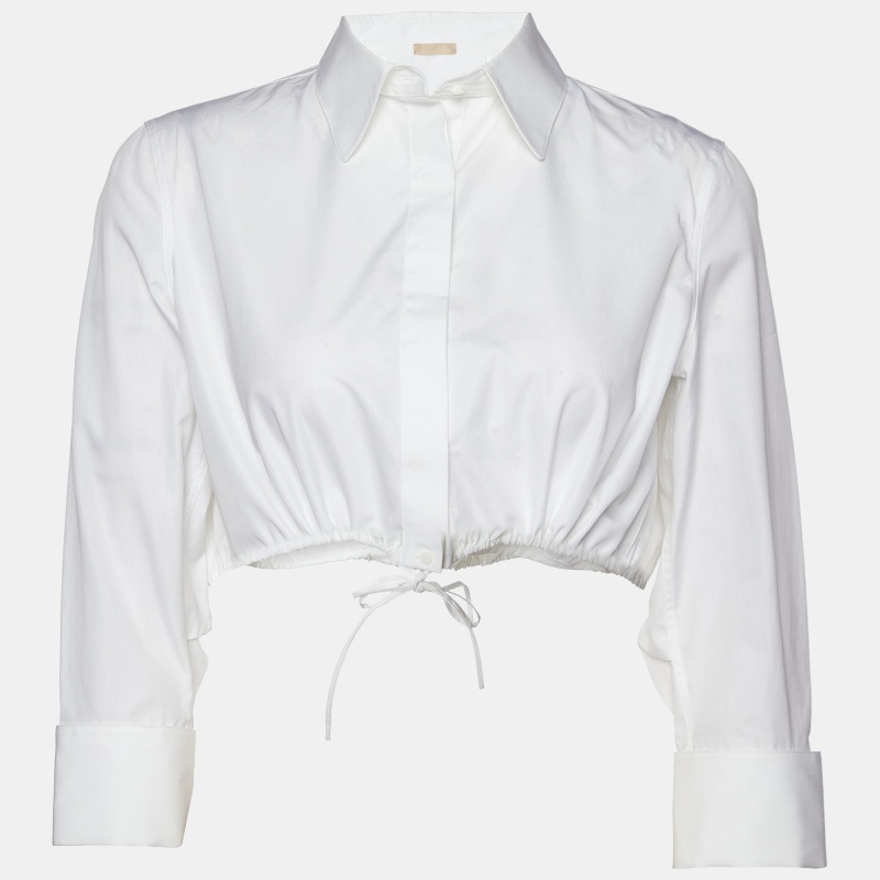 Alaia white cotton shirred waist crop shirt m