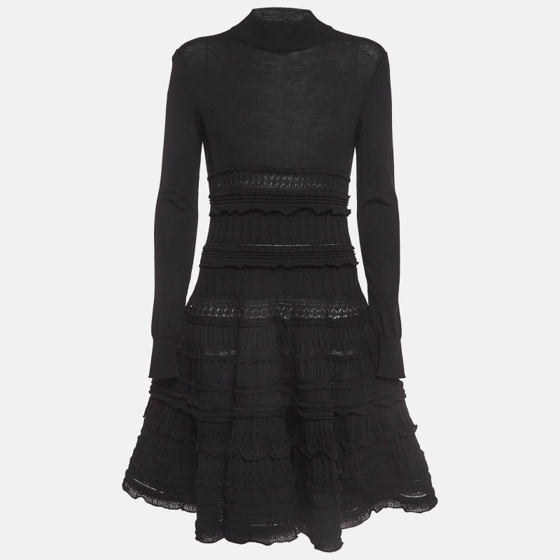 Alaia black wool patterned knit high neck short dress l