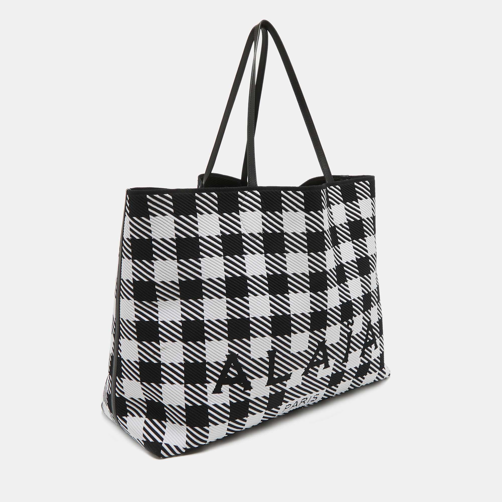 Alaia Black/White Canvas And Leather Large Houndstooth Tote