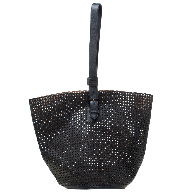 Image of Alaia Black Leather Rose Marie Bucket Bag