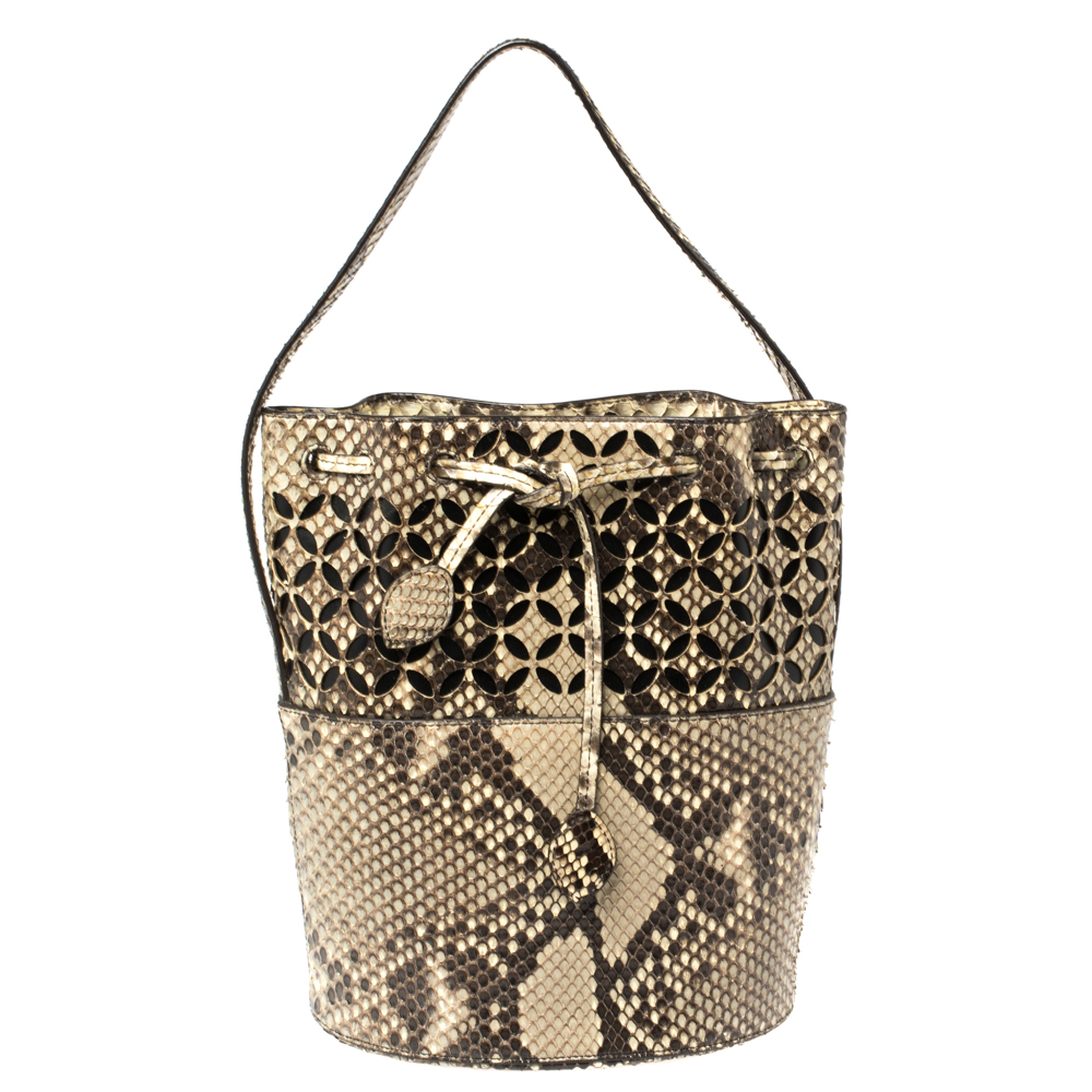 Image of Alaia Beige/Black Python Drawstring Bucket Bag