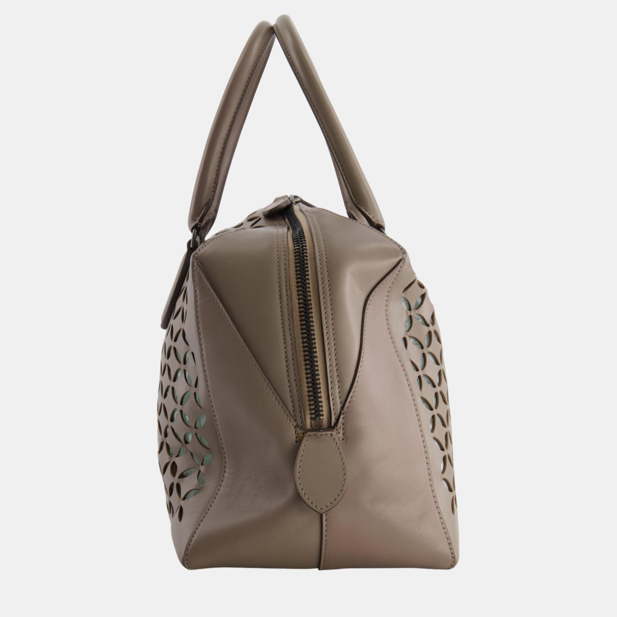 Alaia Taupe Brown Laser Cut Leather Small Tote Bag