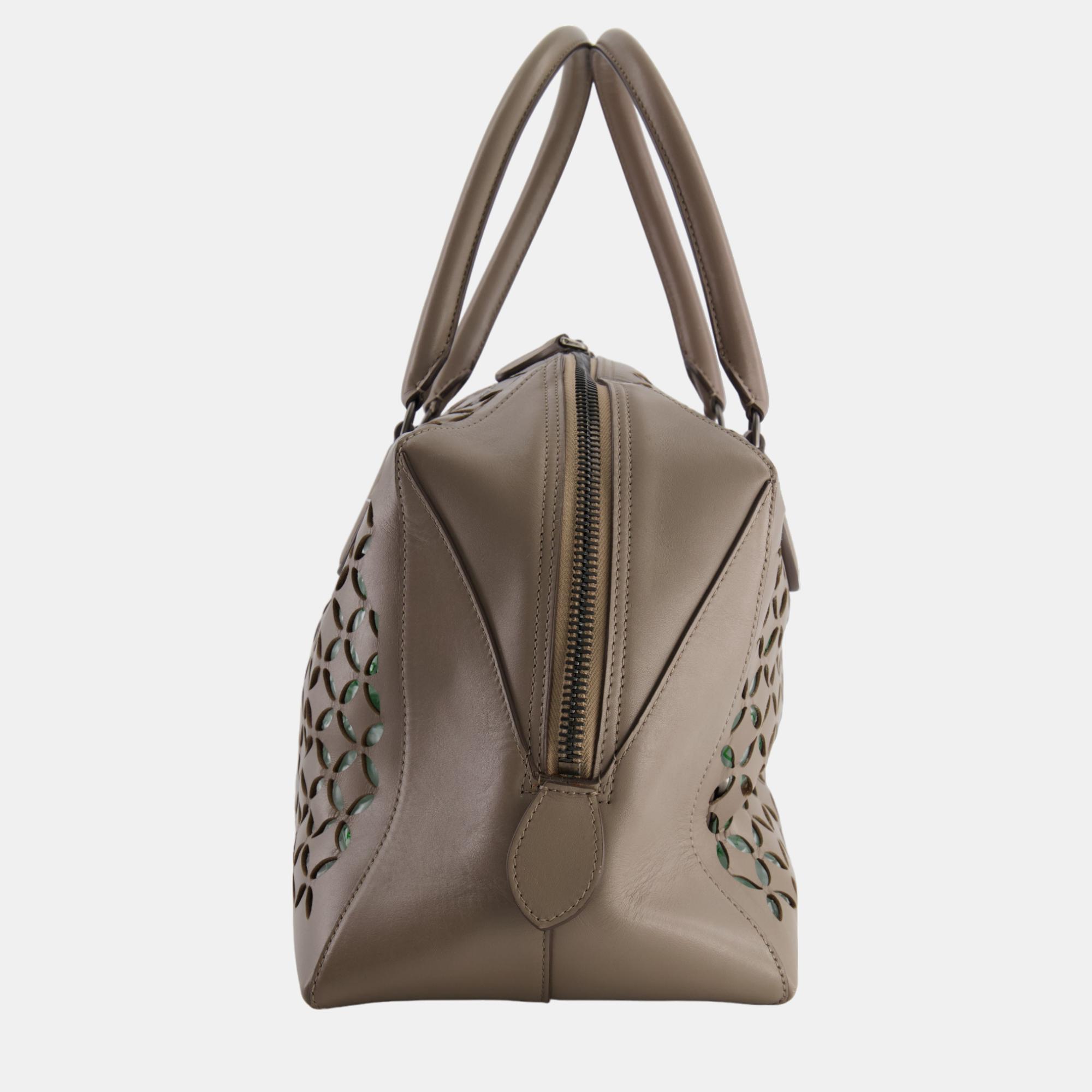 Alaia Taupe Brown Laser Cut Leather Small Tote Bag