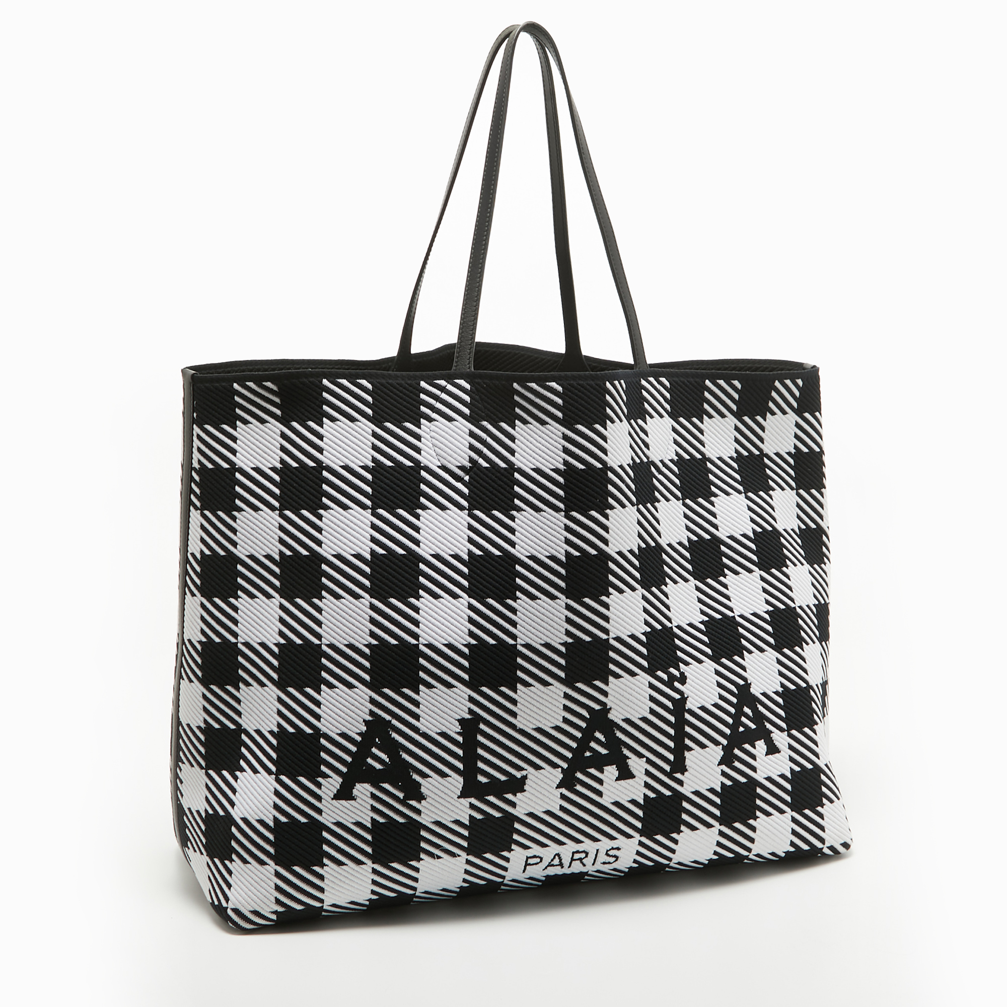 Alaia Black/White Knitted Jacquard Fabric And Leather Large Houndstooth Tote