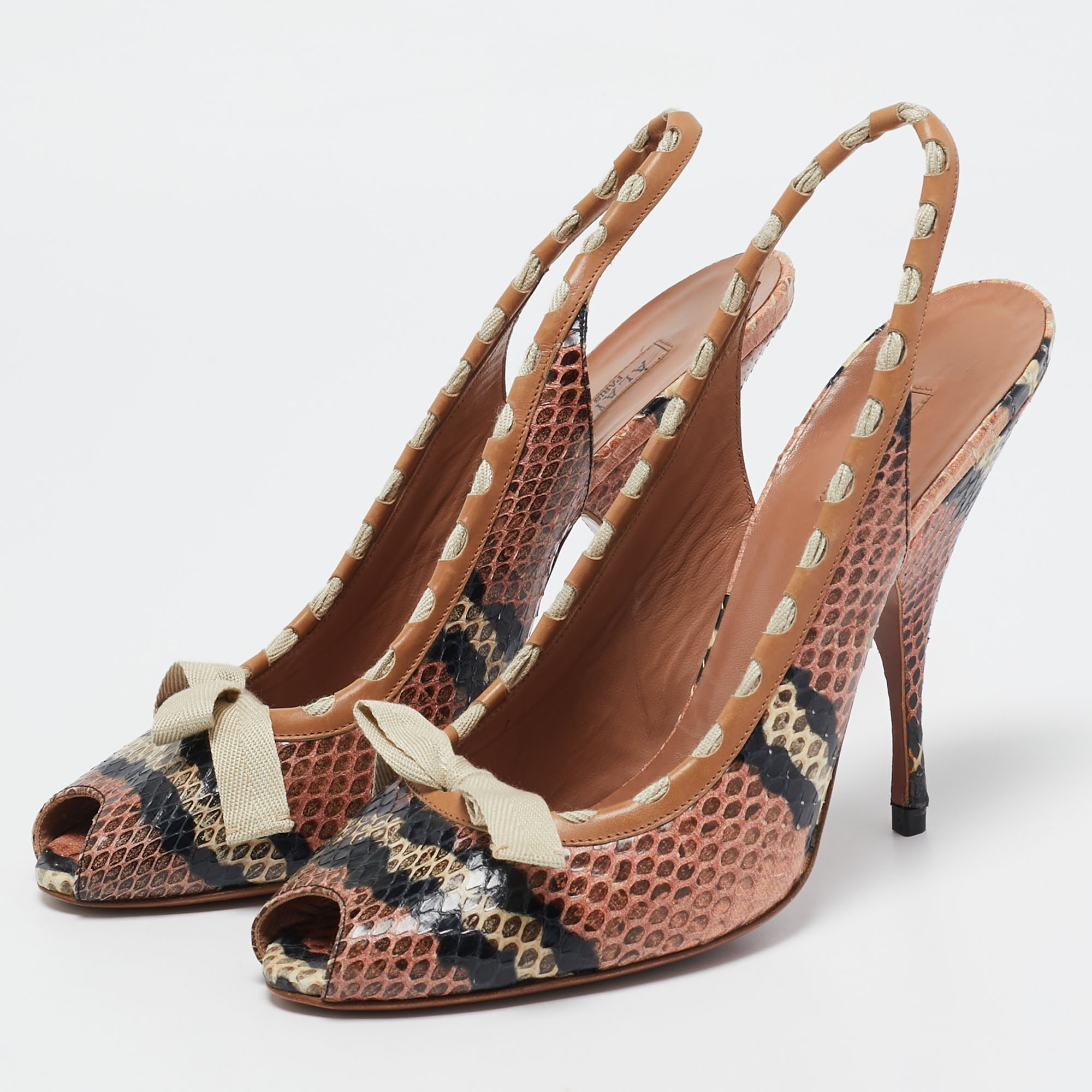 Alaia Multicolor Python Peep Toe Slingback Pumps Size 39