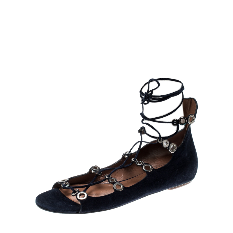 Image of Alaia Blue Suede Eyelet Detail Tie Up Flat Sandals Size