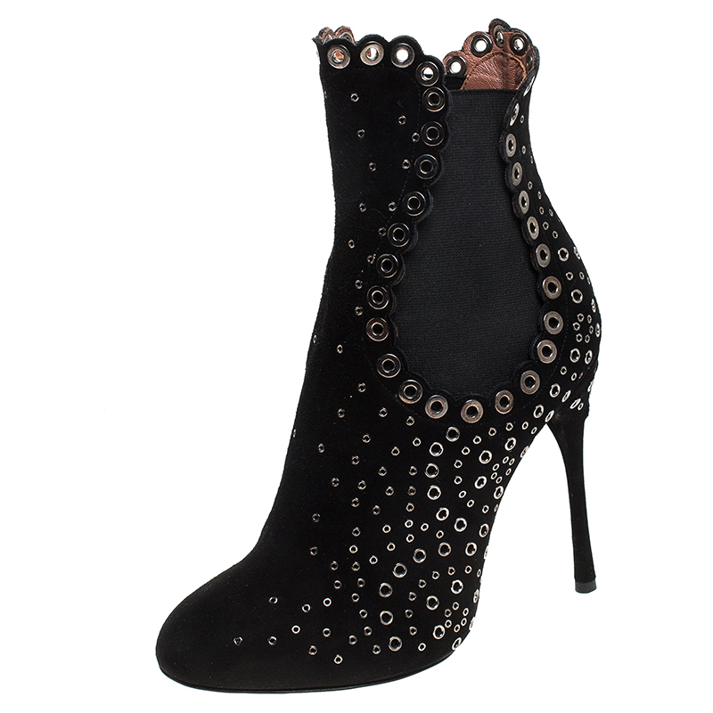 Image of Alaia Black Suede Eyelet Embellished Ankle Boots Size