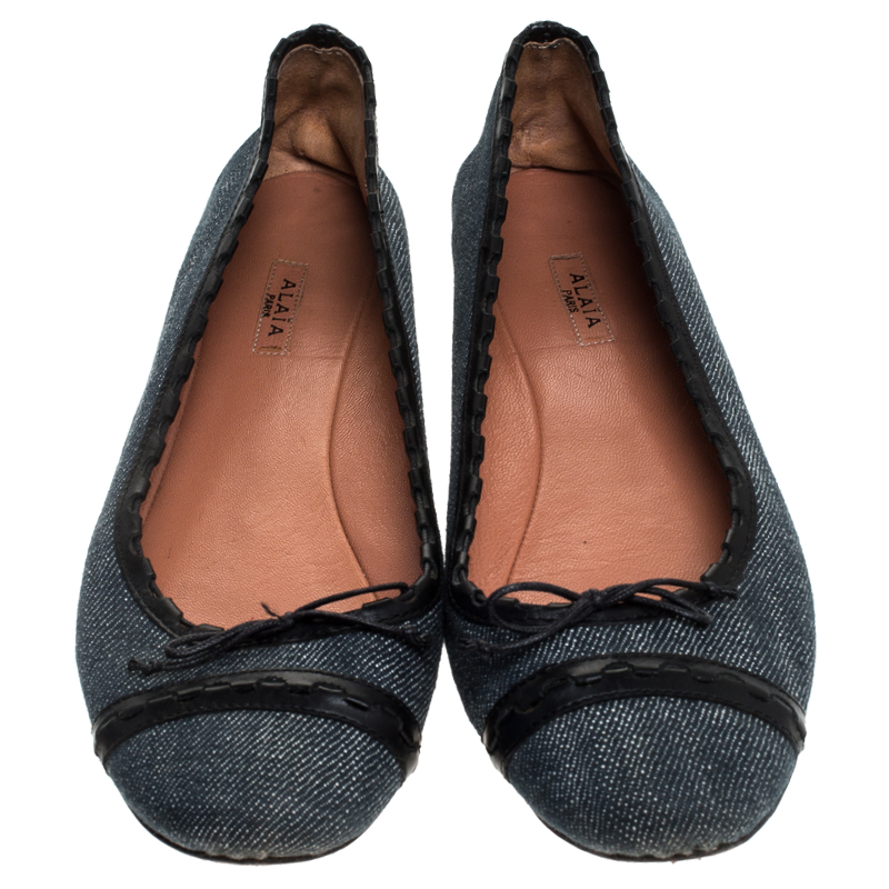Alaia Black/Blue Denim Bow Ballet Flats Size 37