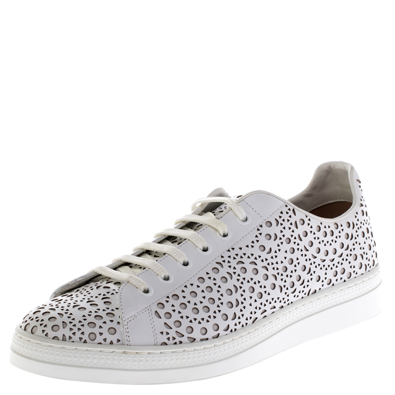Image of Alaia White Laser Cut Leather Lace Up Sneakers Size