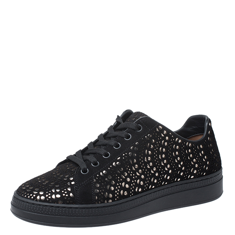 Image of Alaia Black/Silver Laser Cut Suede Low Top Sneakers Size