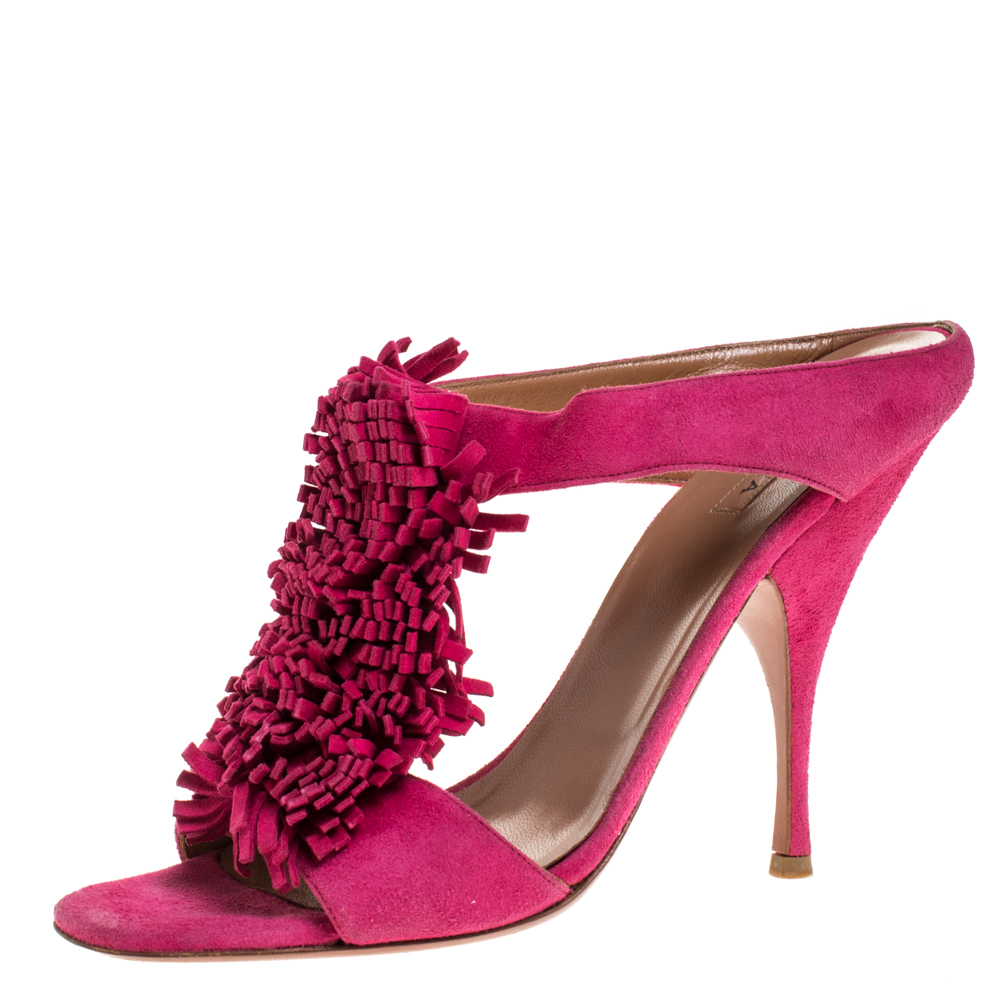 Image of Alaia Pink Suede Fringe Slide Sandals Size