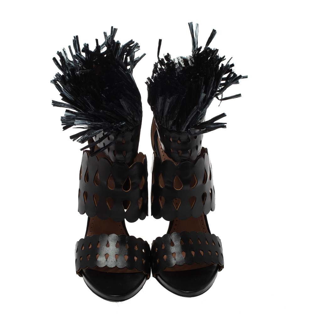 Alaia Black Leather And Straw Cut Out Fringes Sandals Size 38