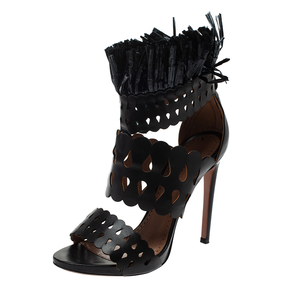 Alaia Black Leather And Straw Cut Out Fringes Sandals Size 38