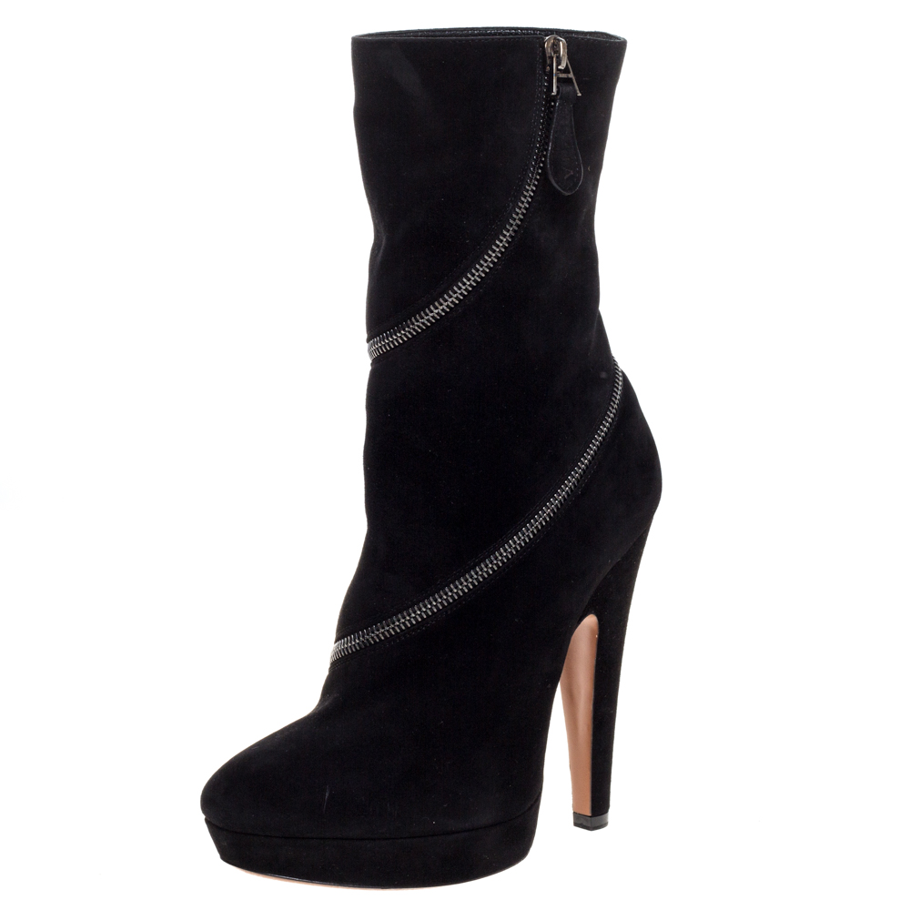 Image of Alaia Black Suede Zip Around Ankle Boots Size .