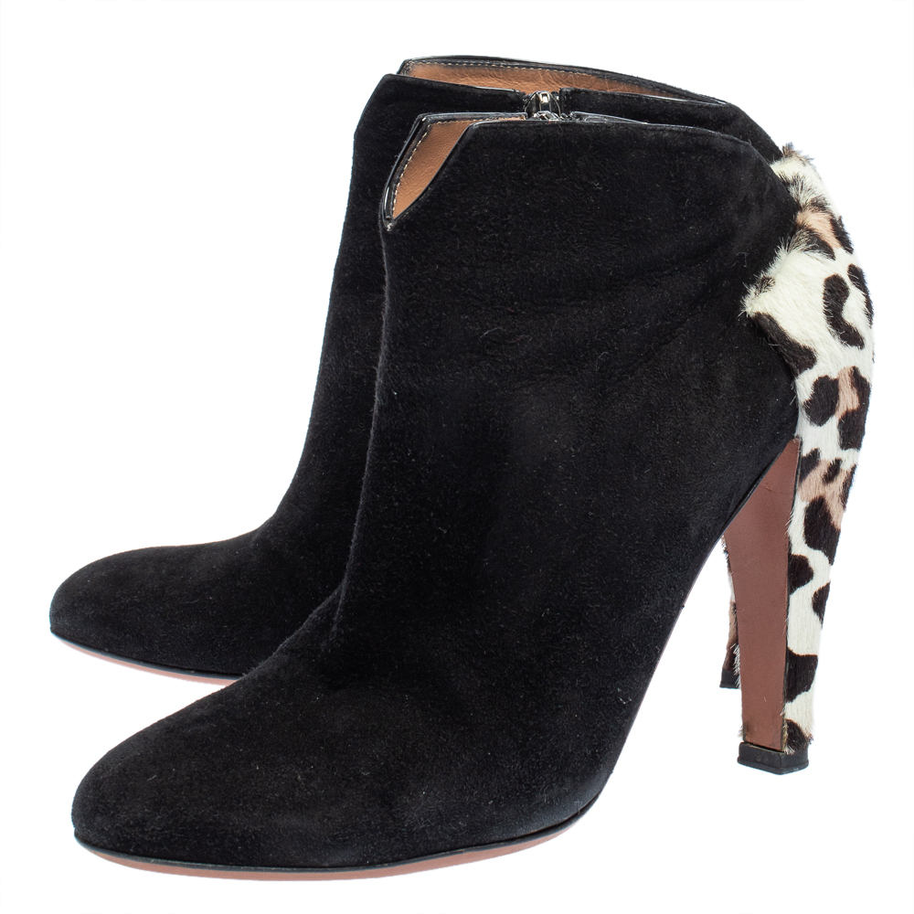 Alaia Black Suede And Leopard Print Calf Hair Booties Size 37