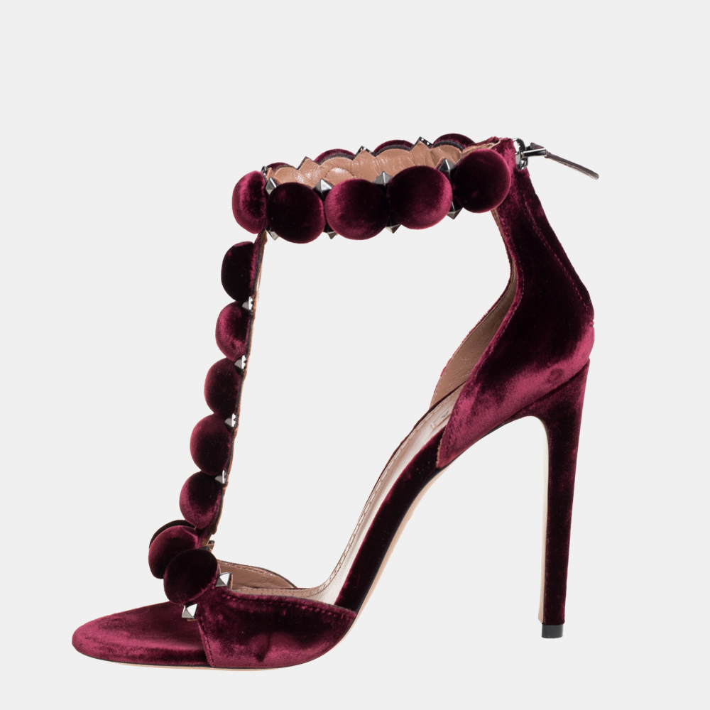 Alaia burgundy velvet studded 'bombe' t-strap ankle cuff sandals size 39