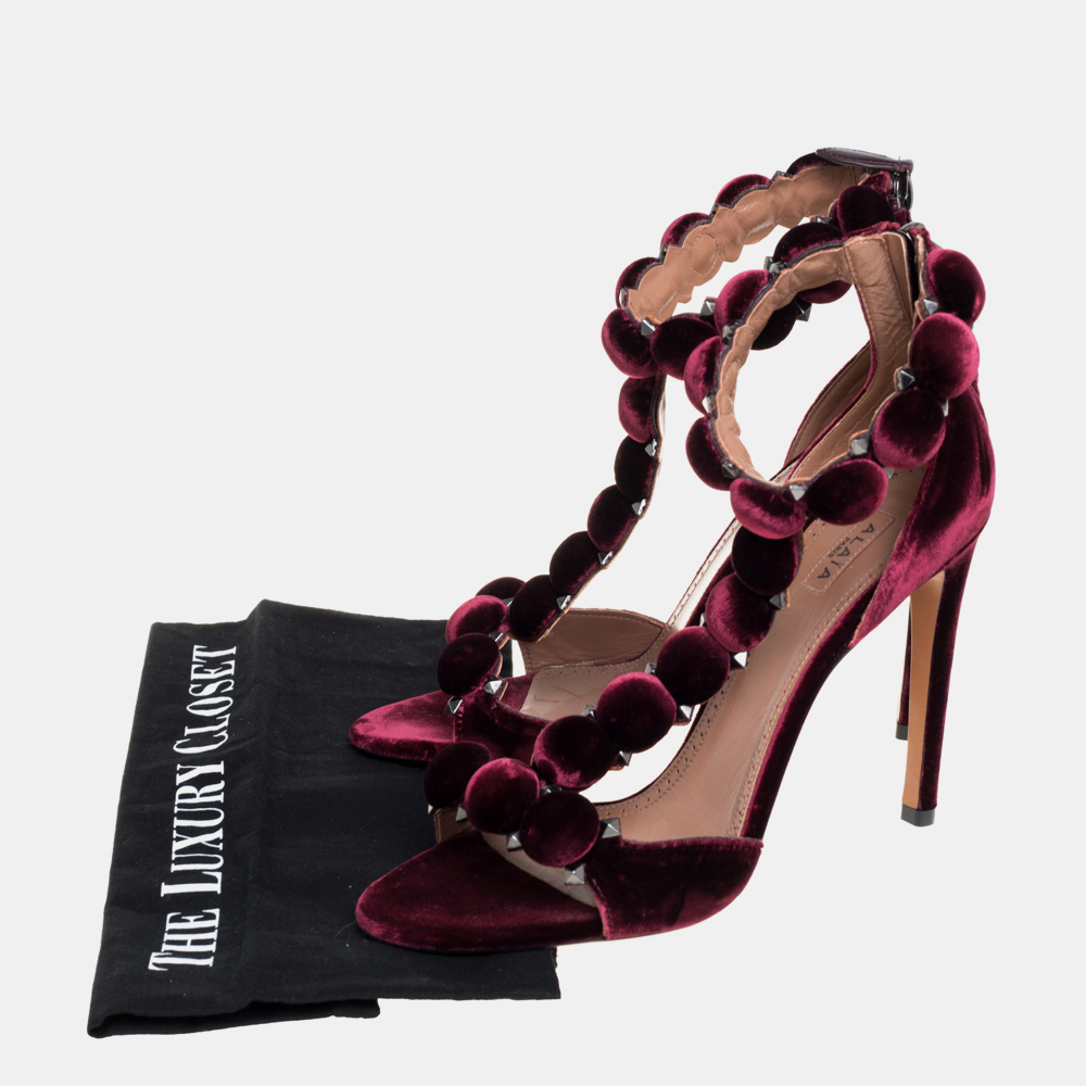 Alaia Burgundy Velvet Studded 'Bombe' T-Strap Ankle Cuff Sandals Size 39