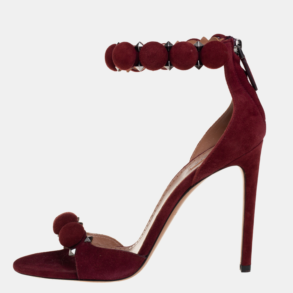 Alaia burgundy suede studded 'bombe' t-strap ankle cuff sandals size 39