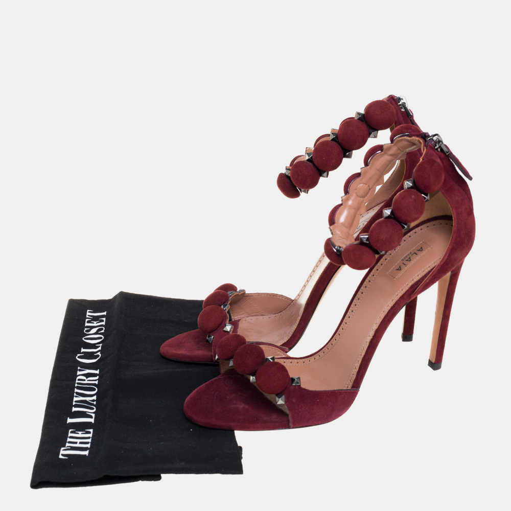 Alaia Burgundy Suede Studded 'Bombe' T-Strap Ankle Cuff Sandals Size 39