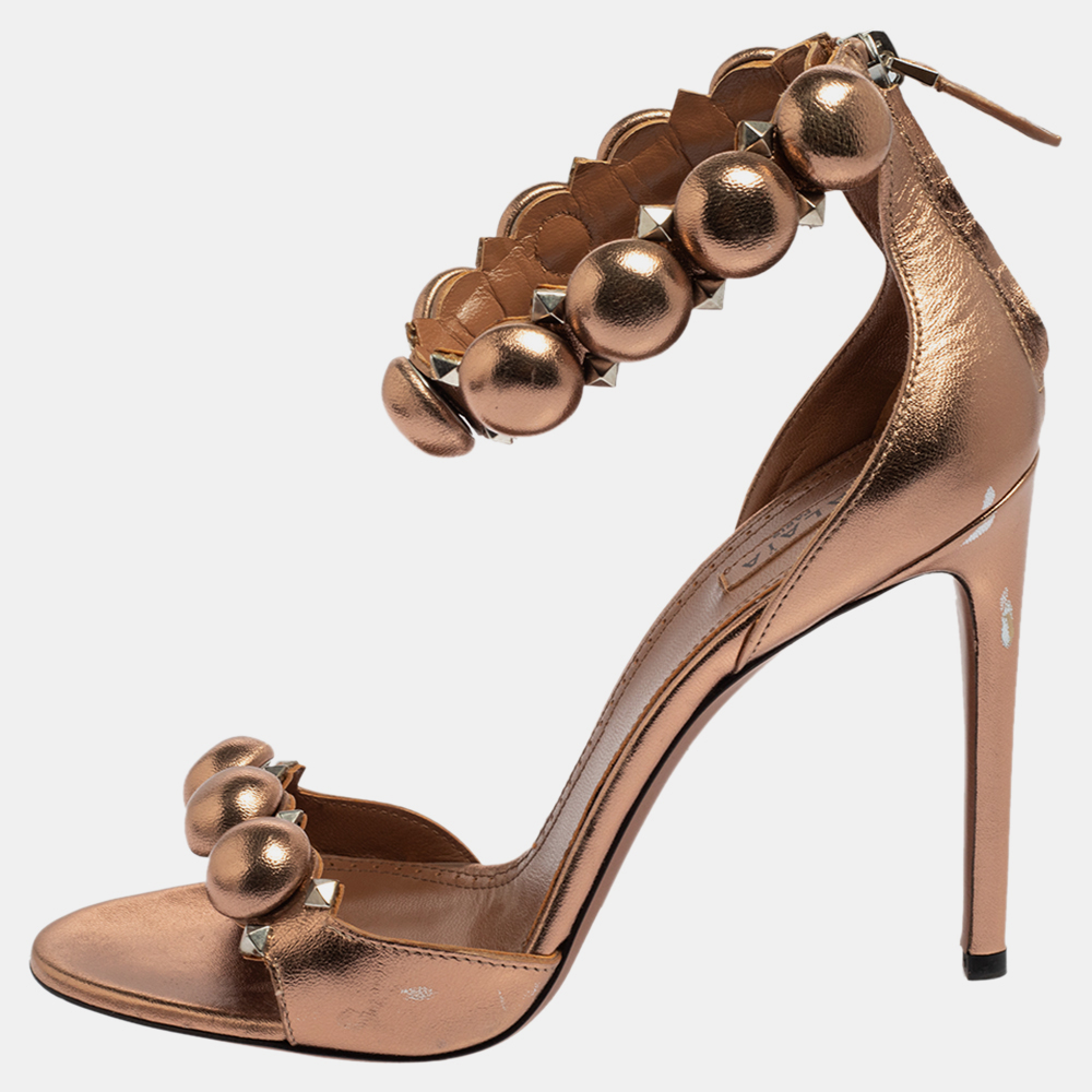 Alaia metallic bronze leather bombe ankle strap sandals size 39