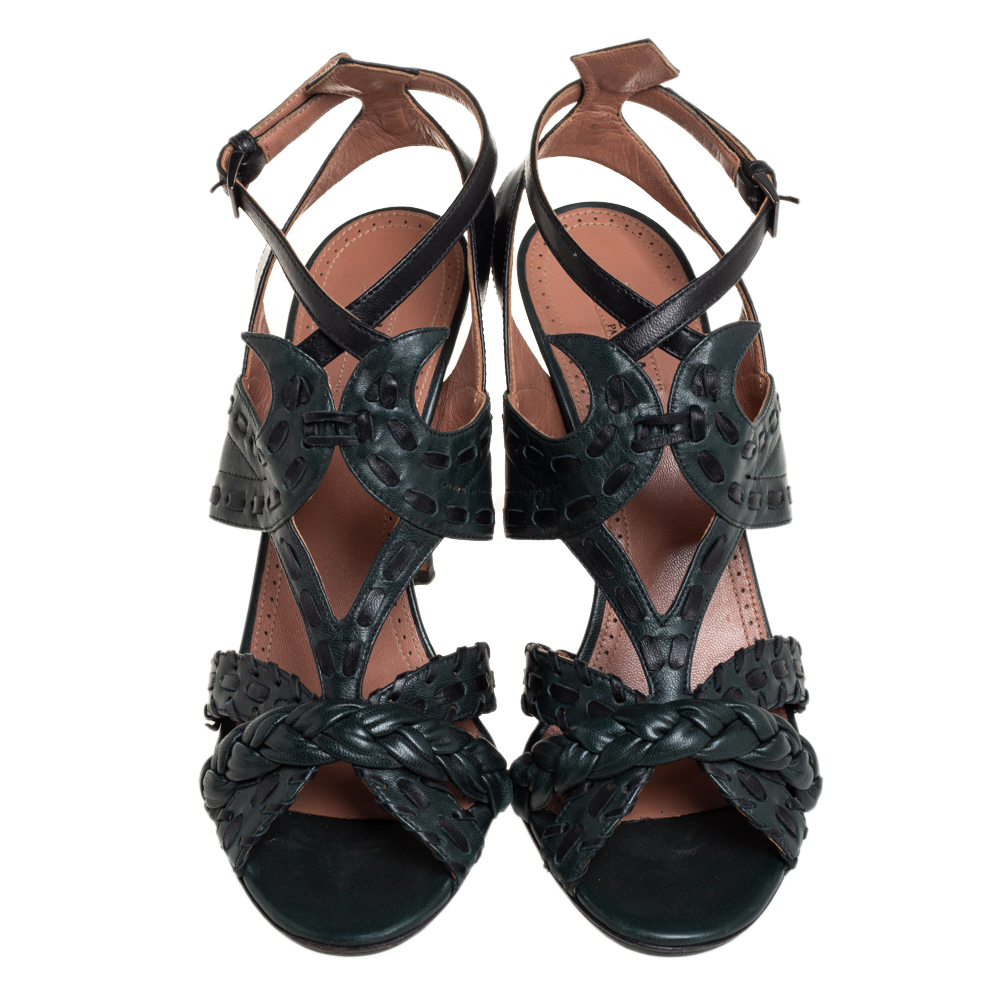 Alaia Grey/Black Braided Leather Ankle Strap Sandals Size 39.5