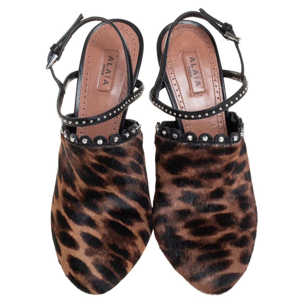 Alaia Brown Leopard Print Calf Hair And Black Studded Leather Slingback Sandals Size 37