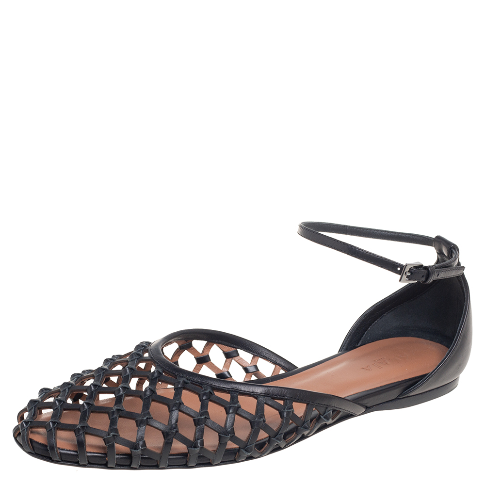 Alaia Black Net Leather Ankle-Strap Ballerina Flats Size 40