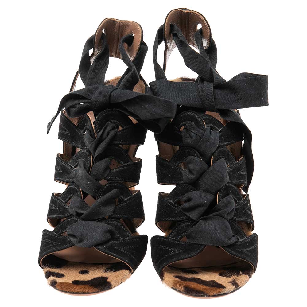 Azzedine Alaia Leopard Pony Hair And Suede Ankle Wrap Sandals Size 39
