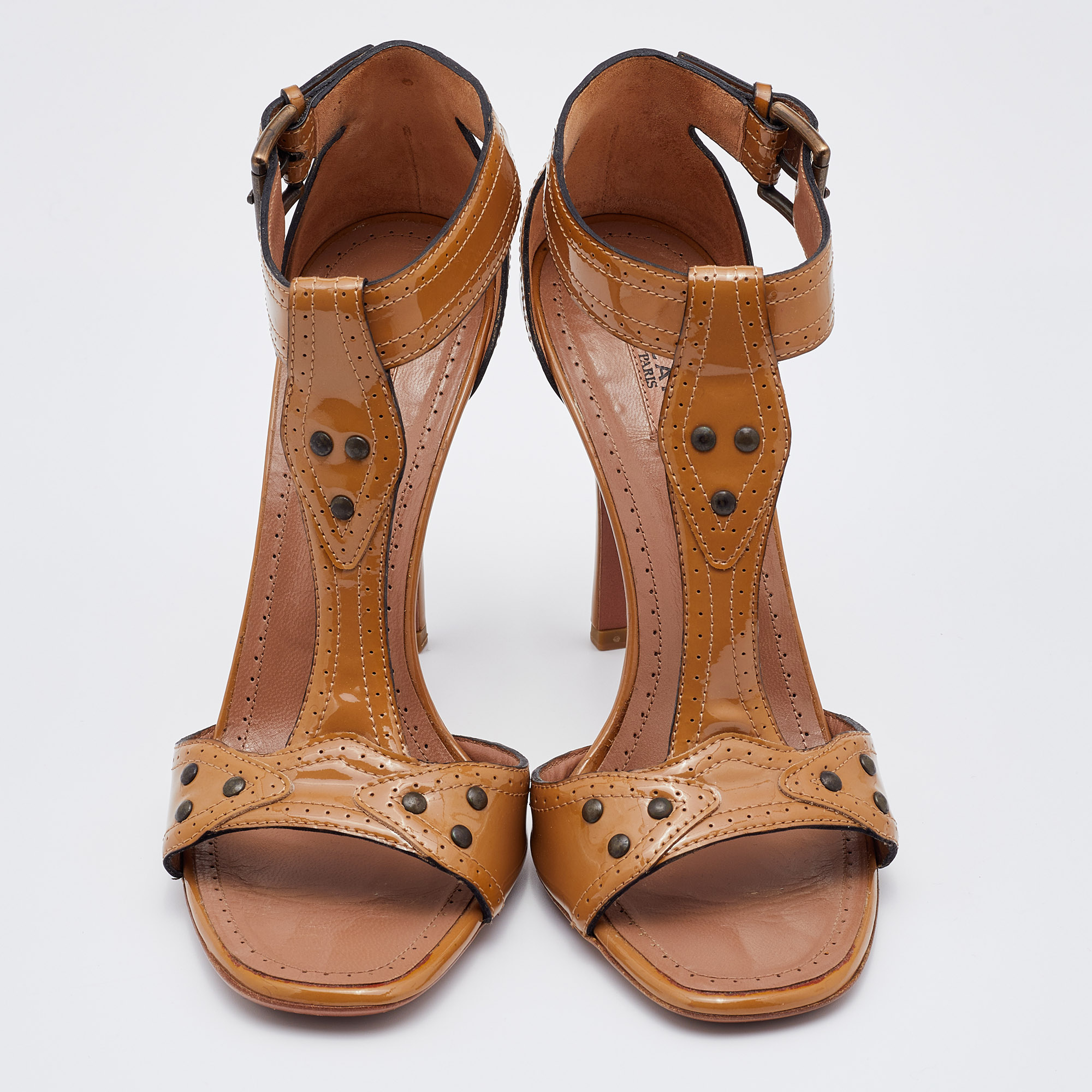 Alaia Caramel Patent Leather T Strap Sandals Size 37