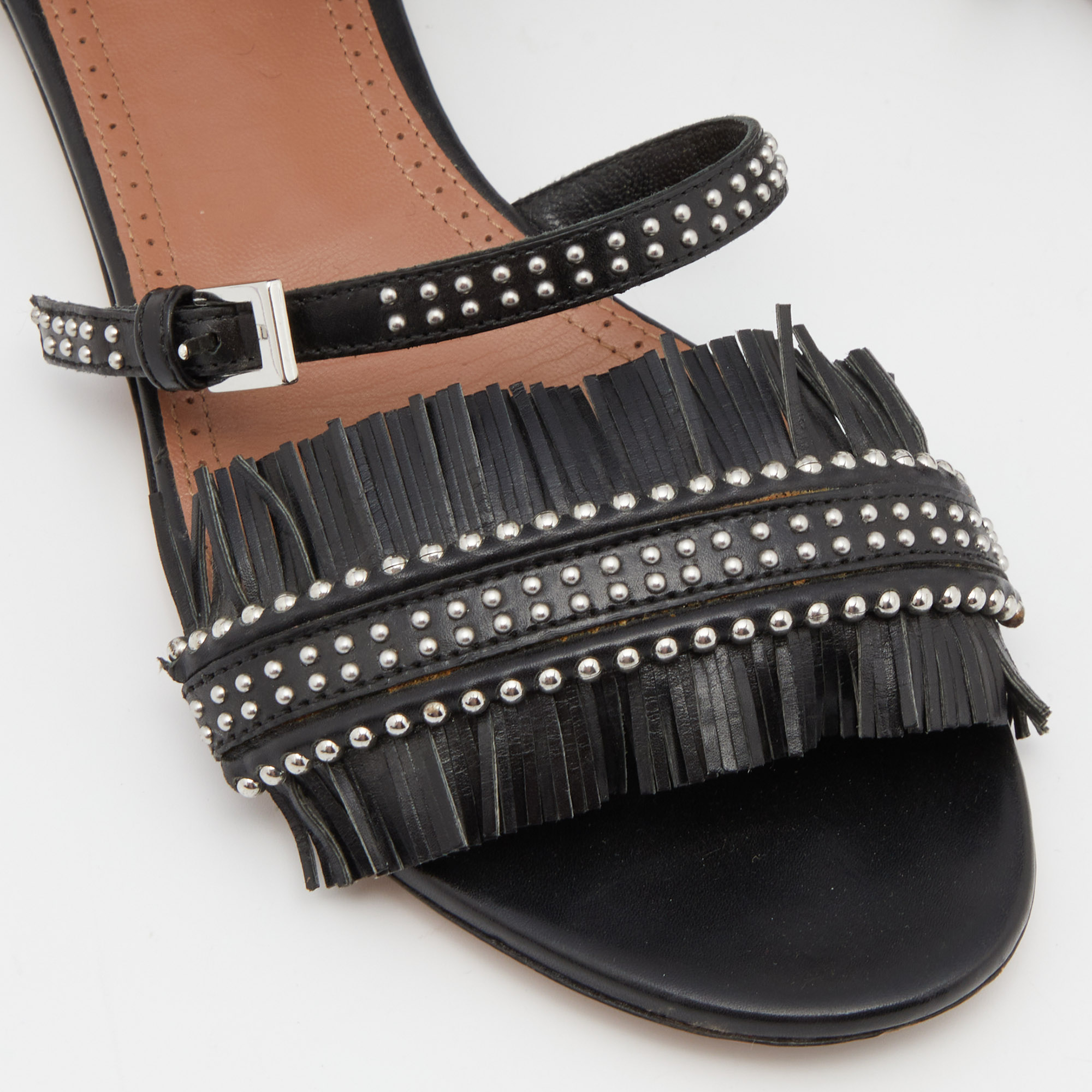 Alaia Black Leather Fringes Flat Sandals Size 38