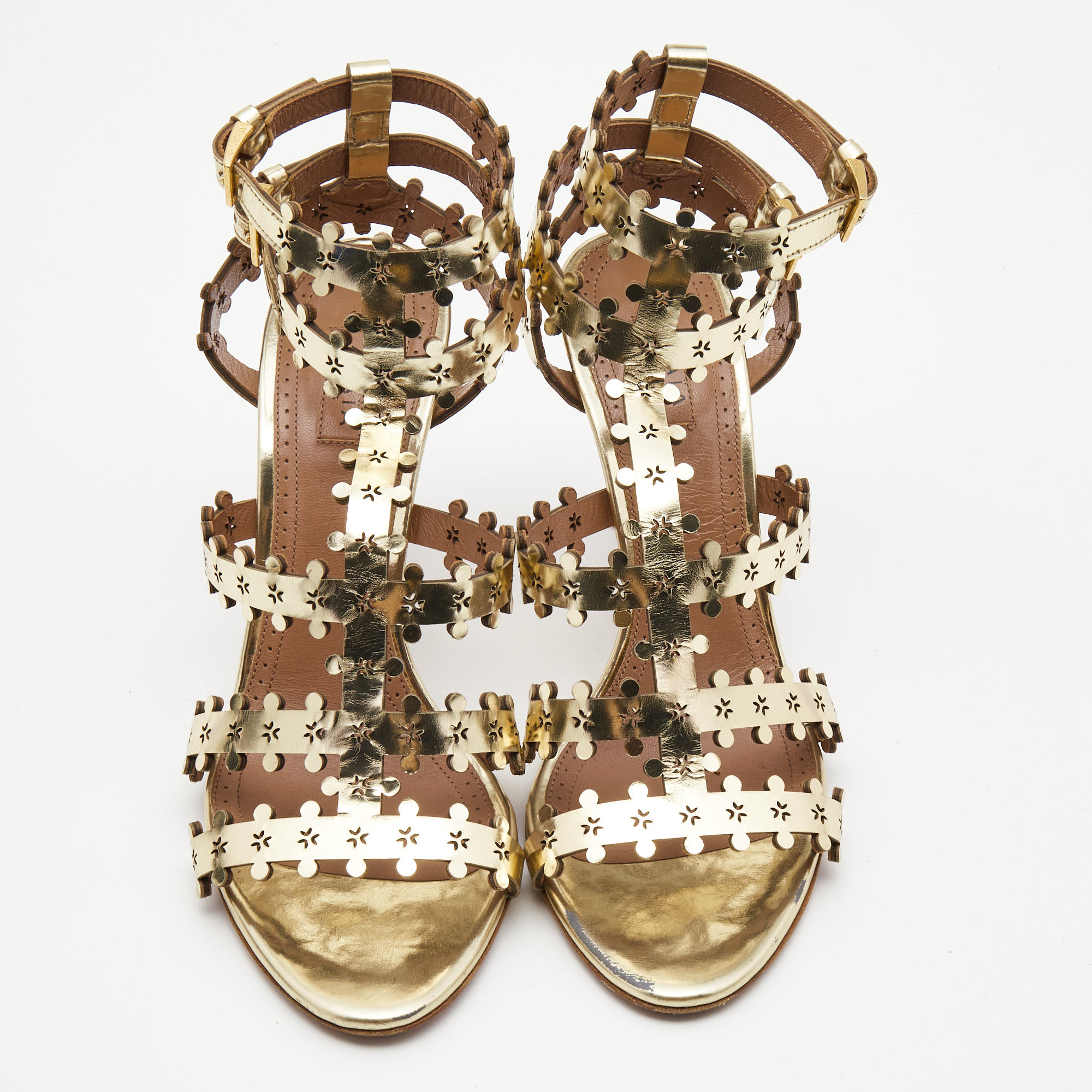 Alaia Gold Leather Strappy Sandals Size 38.5