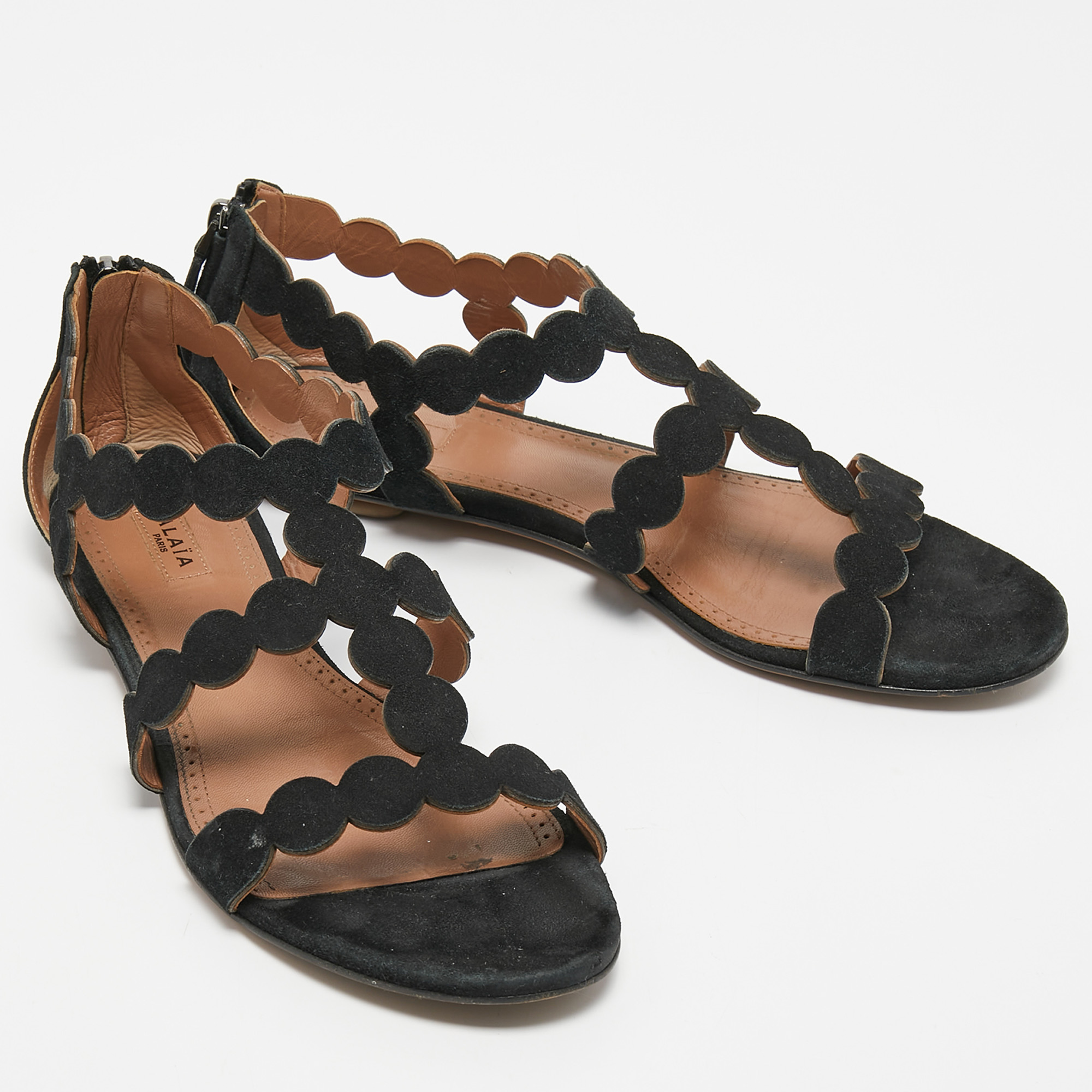 Alaia Black Suede Scallop Flat Sandals Size 39
