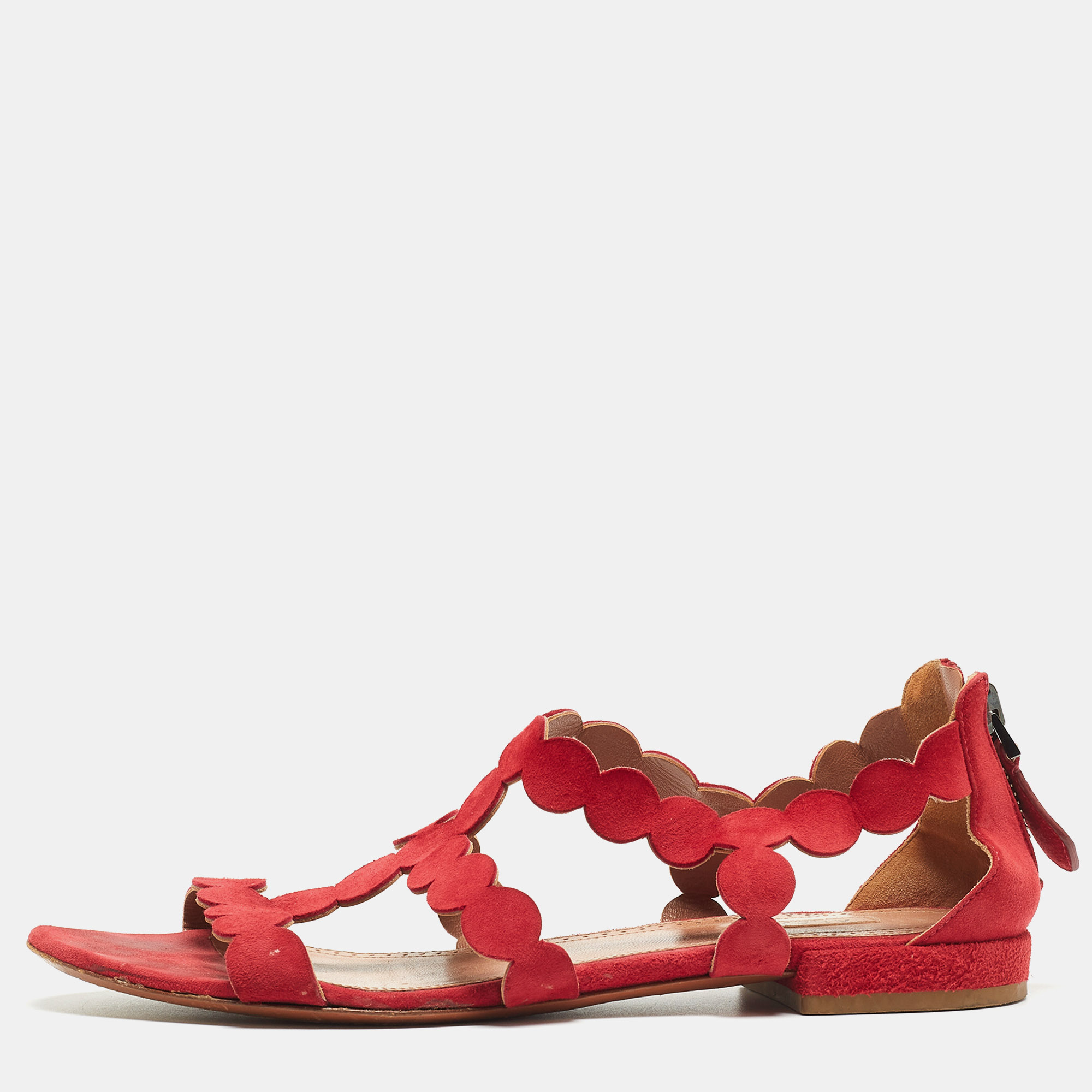 Alaia Red Suede Open Toe Flat Sandals Size 38.5
