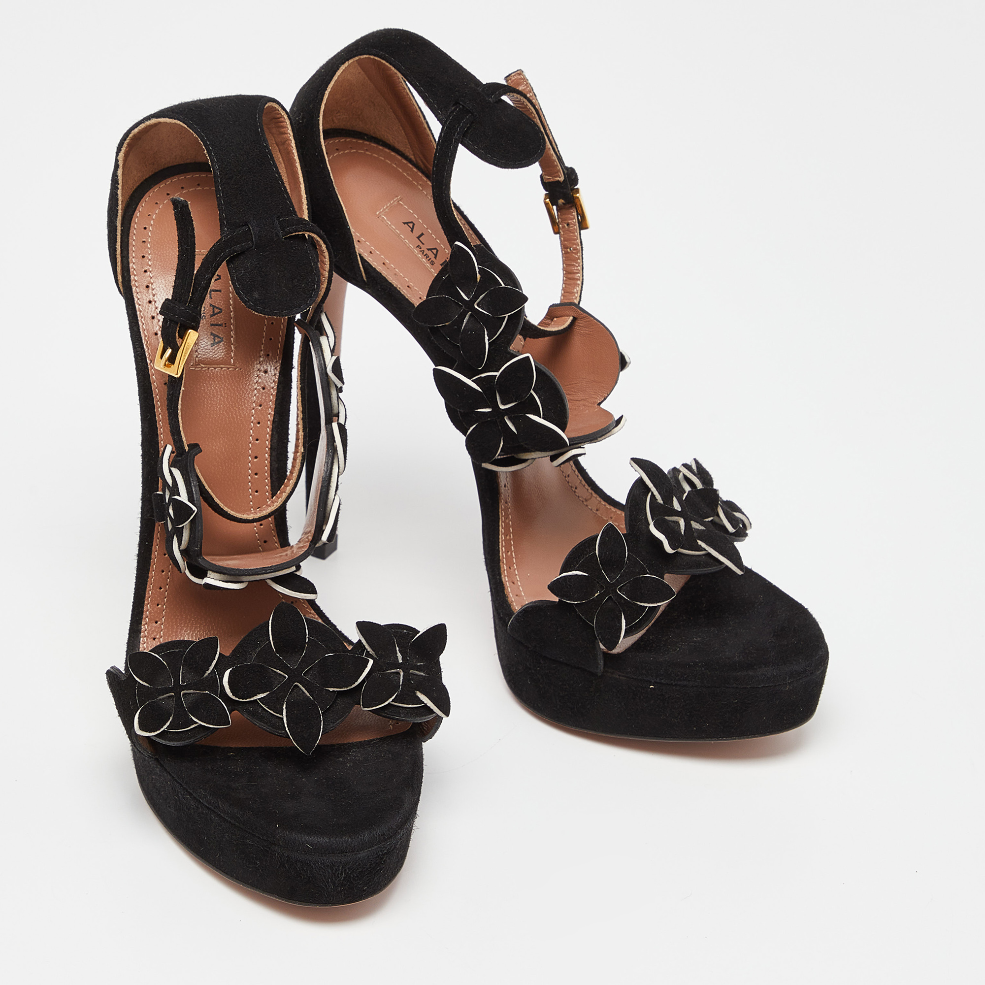Alaia Black Suede Platform Ankle Strap Sandals Size 38