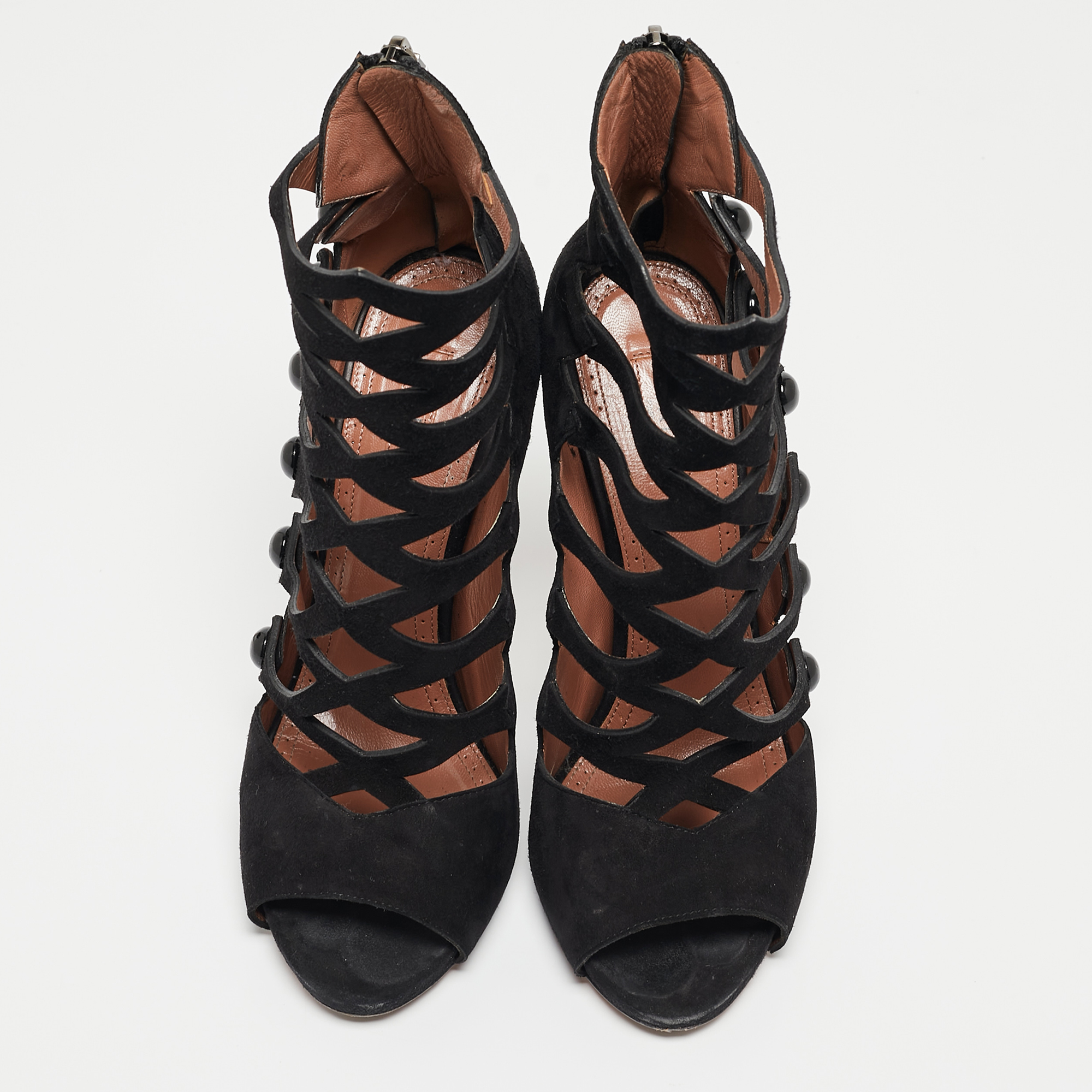 Alaia Black Suede Open Toe Caged Ankle Sandals Size 37
