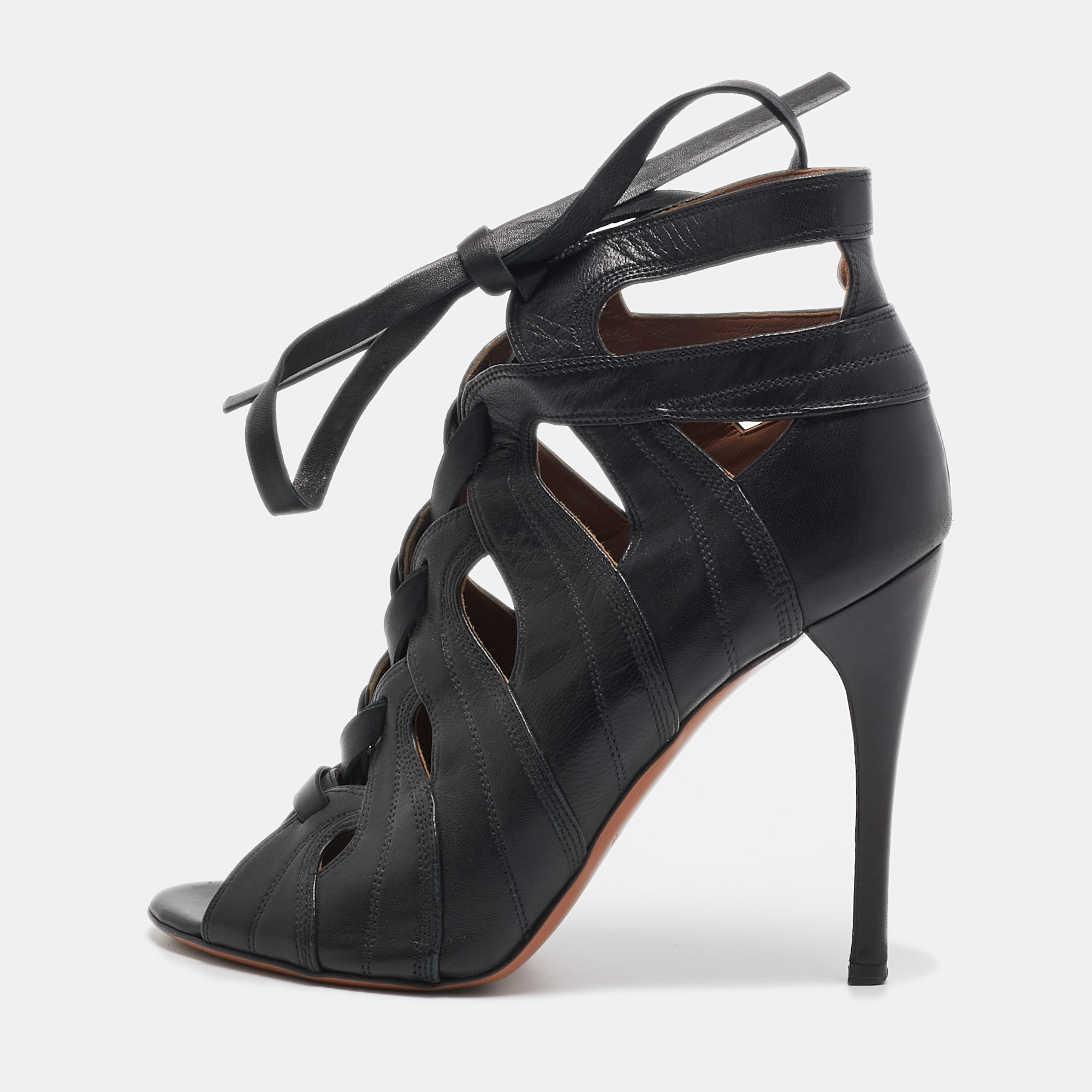 Alaia Black Leather Cutout Lace Up Sandals Size 39
