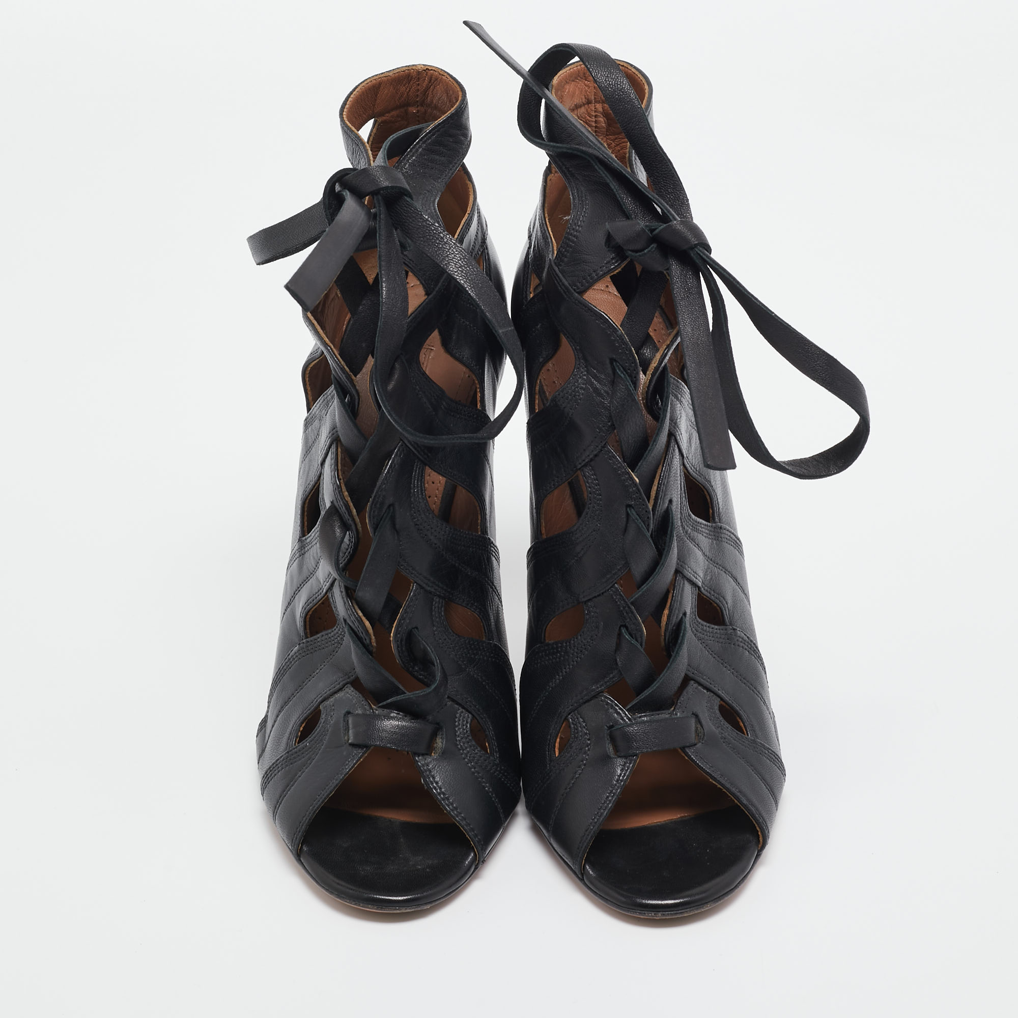 Alaia Black Leather Cutout Lace Up Sandals Size 39