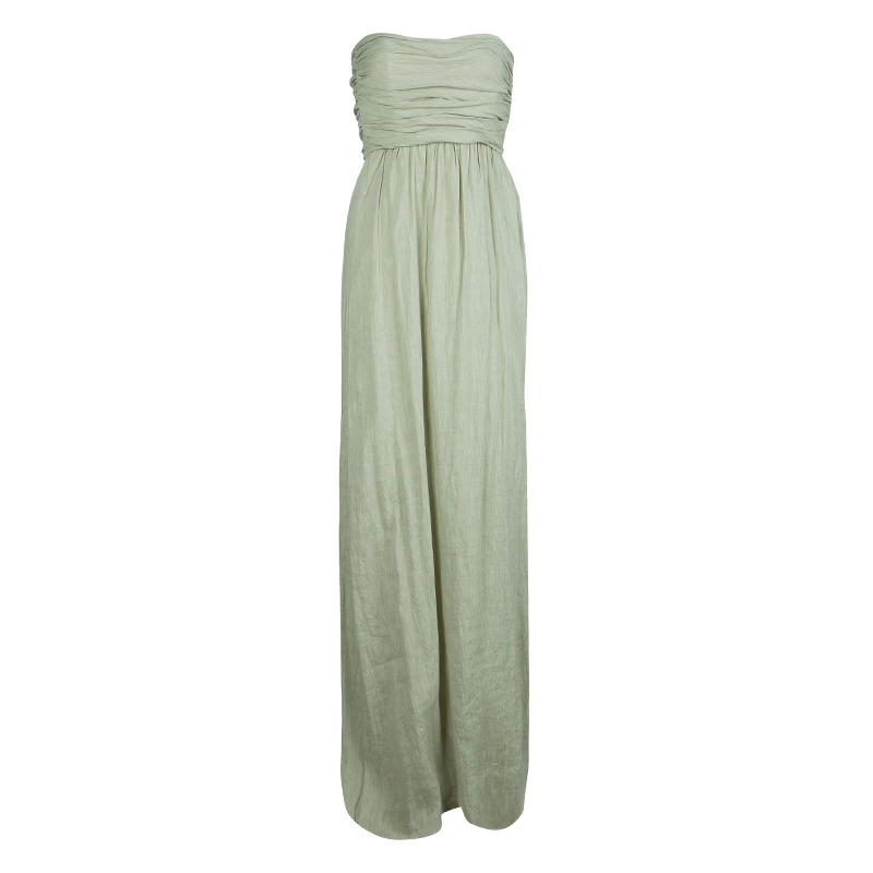 Image of Alberta Ferretti Pistachio Green Linen Ruched Strapless Maxi Dress M