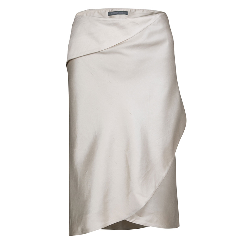 Image of Alberta Ferretti Beige Slub Cotton and Silk Draped Asymmetric Pencil Skirt L