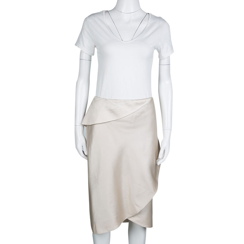 

Alberta Ferretti Beige Slub Cotton and Silk Draped Asymmetric Pencil Skirt