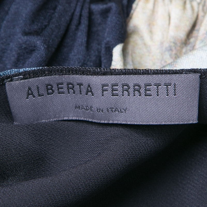 Alberta Ferretti Navy Blue Printed Gathered Waist Detail Boat Neck Dress M