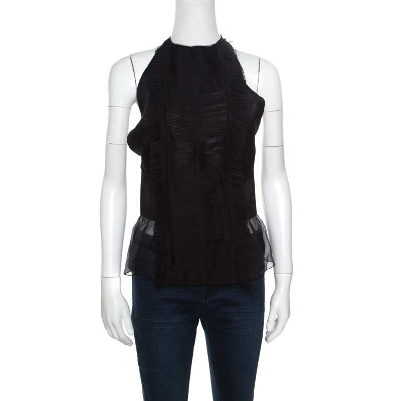 Image of Alberta Ferretti Black Semi Sheer Silk Halter Tie Up Detail Peplum Top M